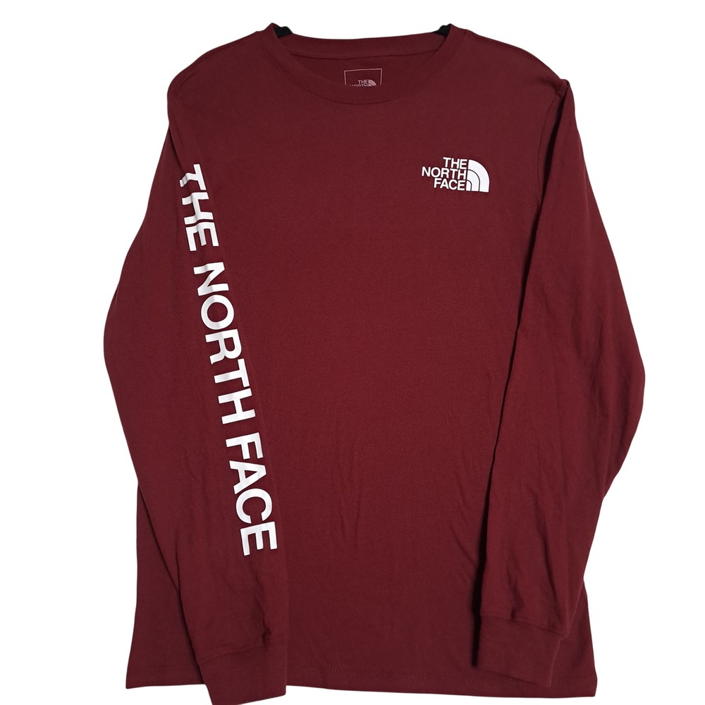 The North Face Long Sleeve Shirt Mens Small Burgundy Graphic Tee Crew Neck Top